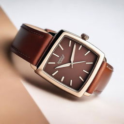 A detailed image of a wristwatch with a brown square dial