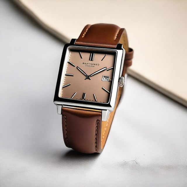 A detailed image of a wristwatch with a brown square dial