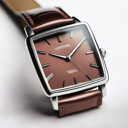 A detailed image of a wristwatch with a brown square dial