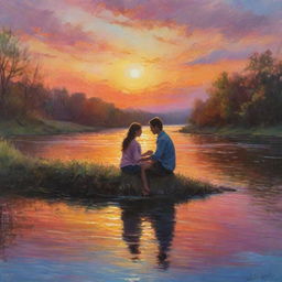 A deeply romantic scene of a couple embraced on the riverbank under a breathtaking sunset. The sun casts a vibrant array of colors across the sky and water, surrounding the lovers in an enchanting light as they share a tender moment.