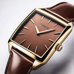 A detailed image of a wristwatch with a brown square dial