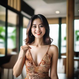 A Thai woman in a sexy dress taking a selfie