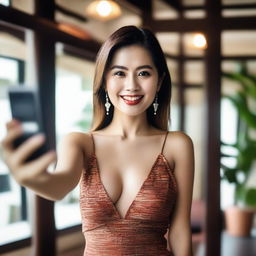 A Thai woman in a sexy dress taking a selfie