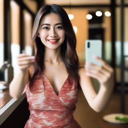 A Thai woman in a sexy dress taking a selfie