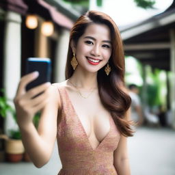 A Thai woman in a sexy dress, taking a selfie with her phone