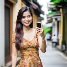 A Thai woman in a sexy dress, taking a selfie with her phone