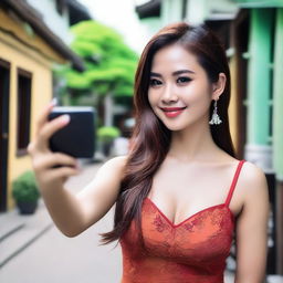 A Thai woman in a sexy dress, taking a selfie with her phone