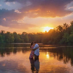 A deeply romantic scene of a couple embraced on the riverbank under a breathtaking sunset. The sun casts a vibrant array of colors across the sky and water, surrounding the lovers in an enchanting light as they share a tender moment.