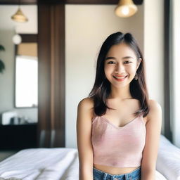 An Instagram-style selfie of a Thai teenager wearing a sexy top