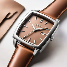 A detailed image of a wristwatch with a tan brown square dial