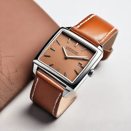 A detailed image of a wristwatch with a tan brown square dial