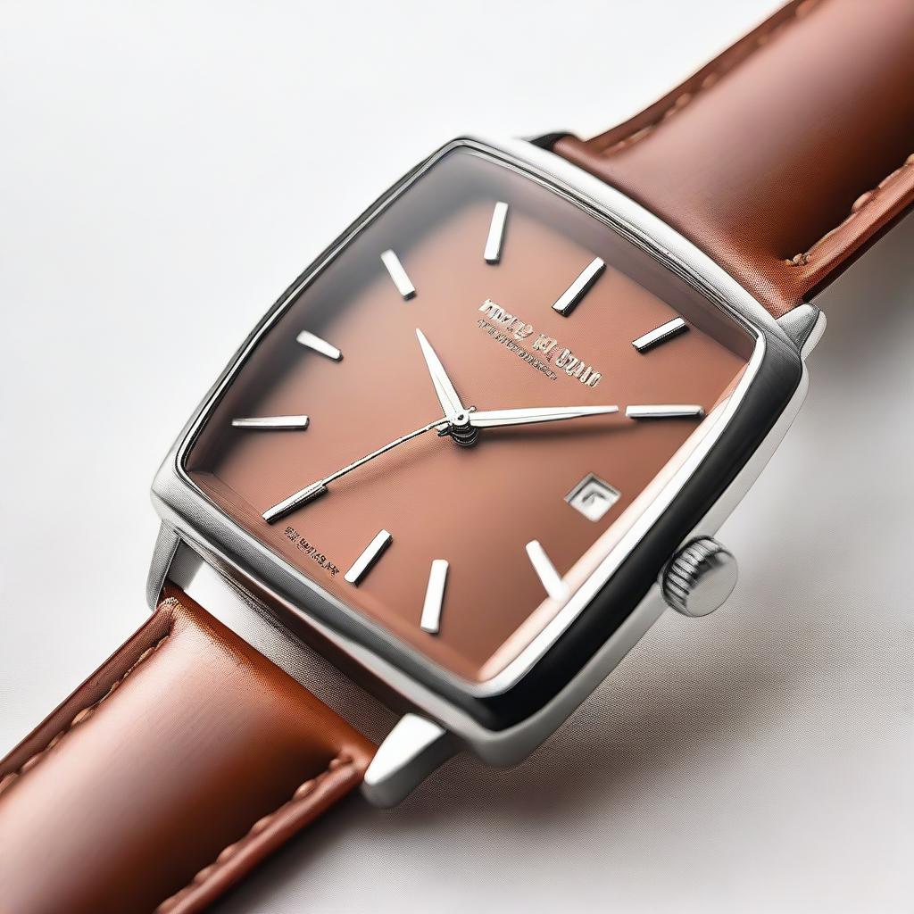 A detailed image of a wristwatch with a tan brown square dial