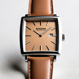 A detailed image of a wristwatch with a tan brown square dial