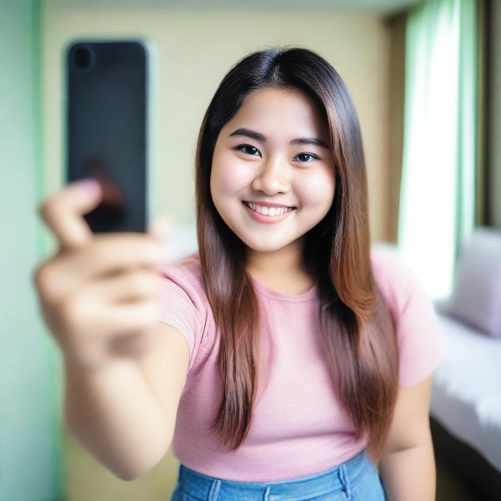 A Thai teenager with a chubby build taking a selfie while wearing a short skirt