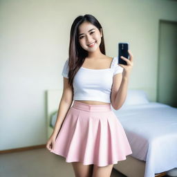 A Thai teenager with a chubby build taking a selfie while wearing a short skirt