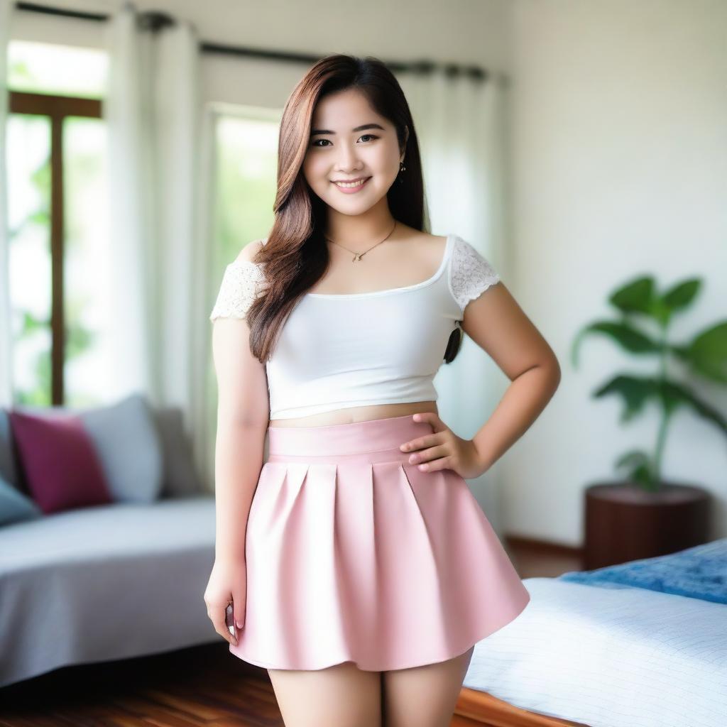 A Thai teenager with a chubby build taking a selfie while wearing a short skirt