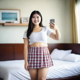 A Thai teenager with a chubby build taking a selfie while wearing a short skirt