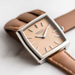 A detailed image of a wristwatch with a sand brown square dial