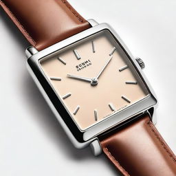 A detailed image of a wristwatch with a sand brown square dial