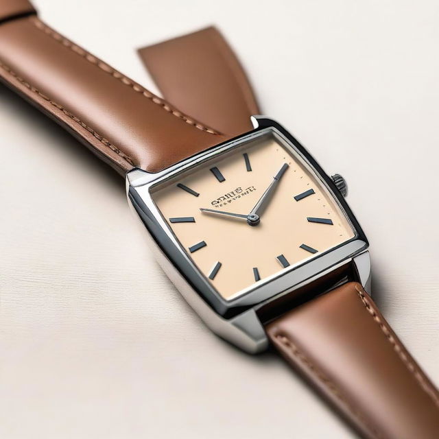 A detailed image of a wristwatch with a sand brown square dial