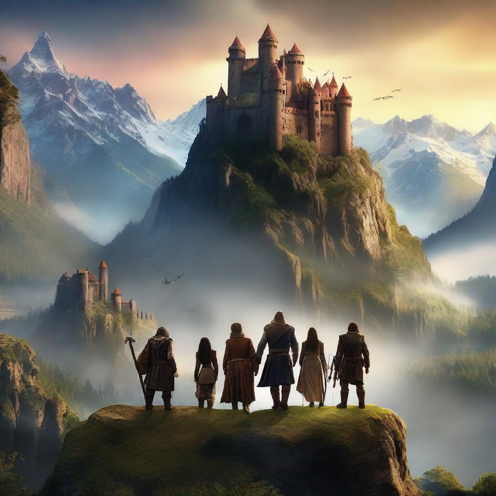 A captivating movie poster featuring an epic adventure scene with a diverse group of heroes