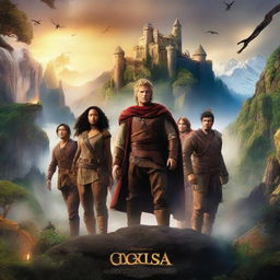 A captivating movie poster featuring an epic adventure scene with a diverse group of heroes