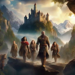 A captivating movie poster featuring an epic adventure scene with a diverse group of heroes