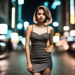 A 20-year-old woman wearing a stylish short dress, standing confidently