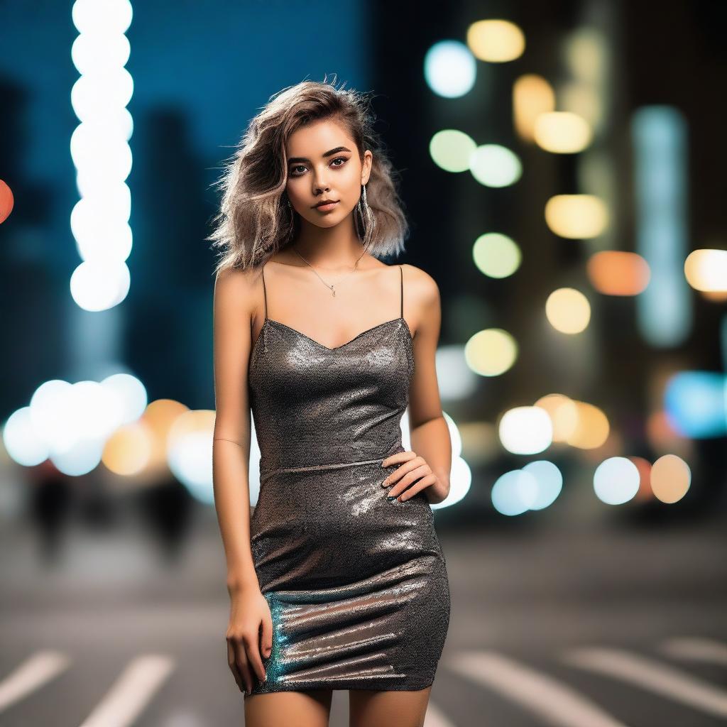 A 20-year-old woman wearing a stylish short dress, standing confidently