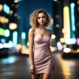 A 20-year-old woman wearing a stylish short dress, standing confidently