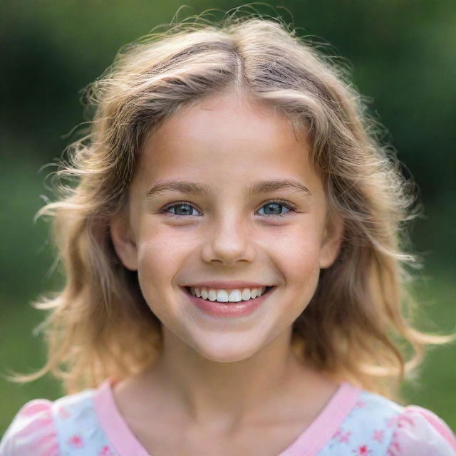 Portrait of a young girl with bright, playful eyes and a happy, radiant smile.