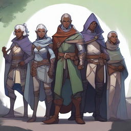 A team of Dungeons & Dragons adventurers, including a female wood elf cleric, a non-binary drow warlock, a male human sorcerer, a non-binary human paladin, and a male tiefling fighter, gathered together in a fantasy setting