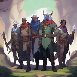 A team of Dungeons & Dragons adventurers, including a female wood elf cleric, a non-binary drow warlock, a male human sorcerer, a non-binary human paladin, and a male tiefling fighter, gathered together in a fantasy setting