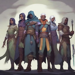 A team of Dungeons & Dragons adventurers, including a female wood elf cleric, a non-binary drow warlock, a male human sorcerer, a non-binary human paladin, and a male tiefling fighter, gathered together in a fantasy setting