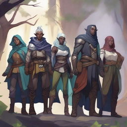 A team of Dungeons & Dragons adventurers, including a female wood elf cleric, a non-binary drow warlock, a male human sorcerer, a non-binary human paladin, and a male tiefling fighter, gathered together in a fantasy setting