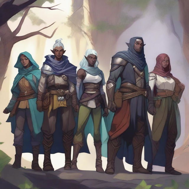 A team of Dungeons & Dragons adventurers, including a female wood elf cleric, a non-binary drow warlock, a male human sorcerer, a non-binary human paladin, and a male tiefling fighter, gathered together in a fantasy setting