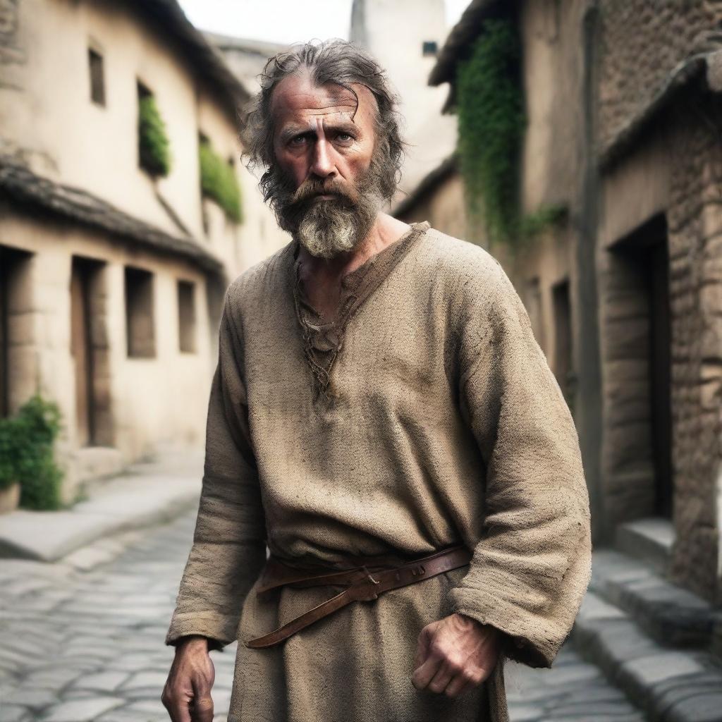 A medieval man wearing a sackcloth tunic, holding a knife