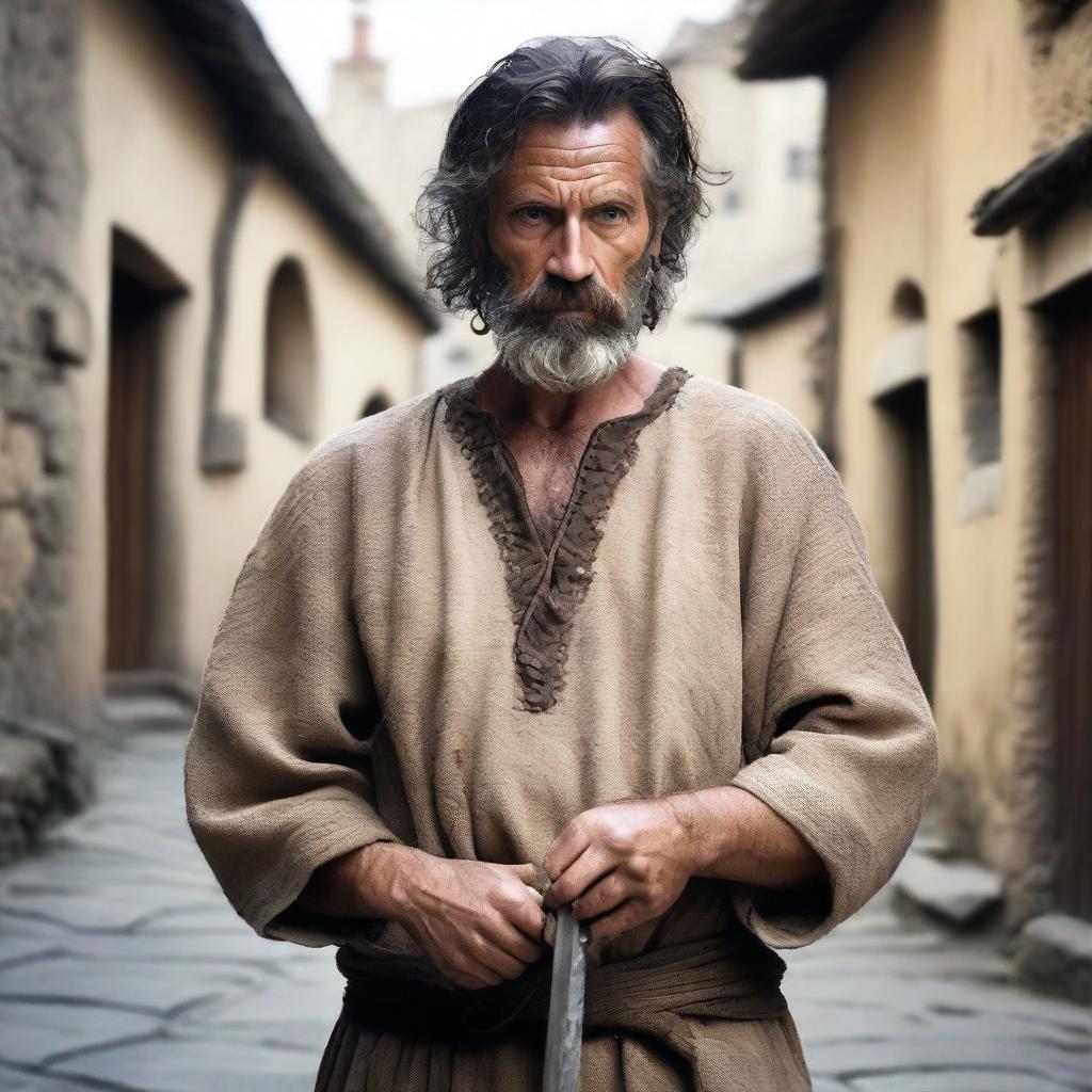 A medieval man wearing a sackcloth tunic, holding a knife