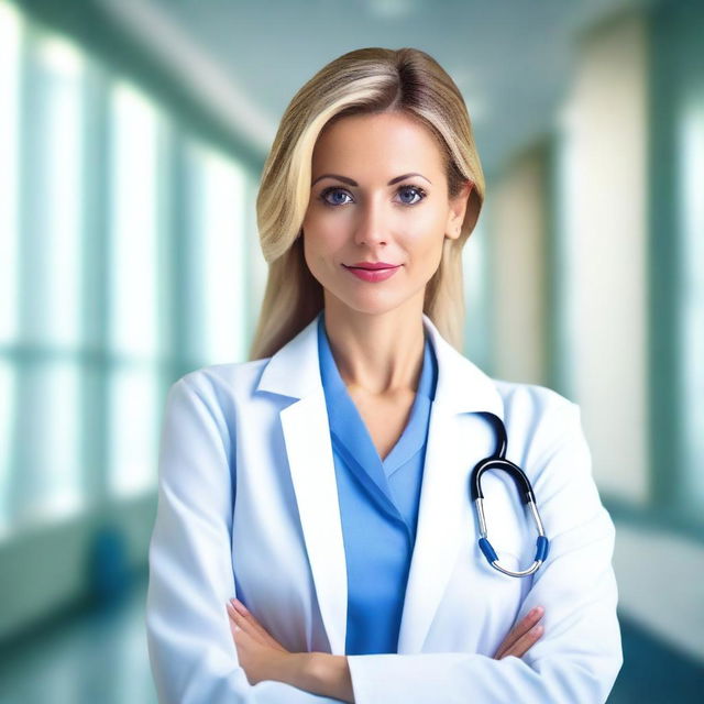 A beautiful woman dressed as a doctor, wearing a lab coat and stethoscope, with a confident and professional demeanor