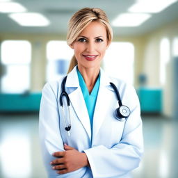 A beautiful woman dressed as a doctor, wearing a lab coat and stethoscope, with a confident and professional demeanor