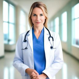 A beautiful woman dressed as a doctor, wearing a lab coat and stethoscope, with a confident and professional demeanor