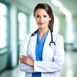 A beautiful woman dressed as a doctor, wearing a lab coat and stethoscope, with a confident and professional demeanor