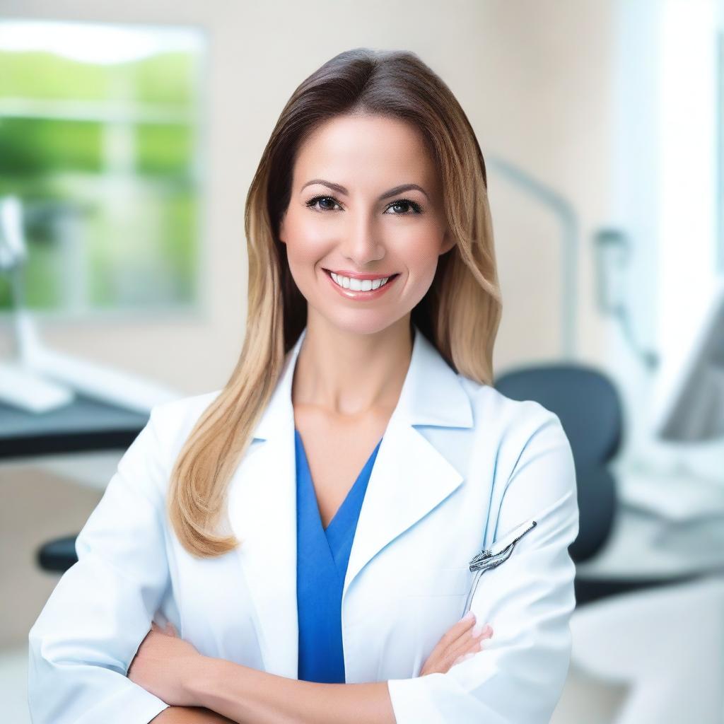 A confident and attractive female dentist in a professional dental office setting