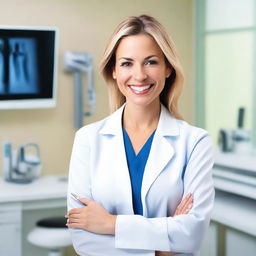 A confident and attractive female dentist in a professional dental office setting