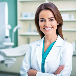 A confident and attractive female dentist in a professional dental office setting