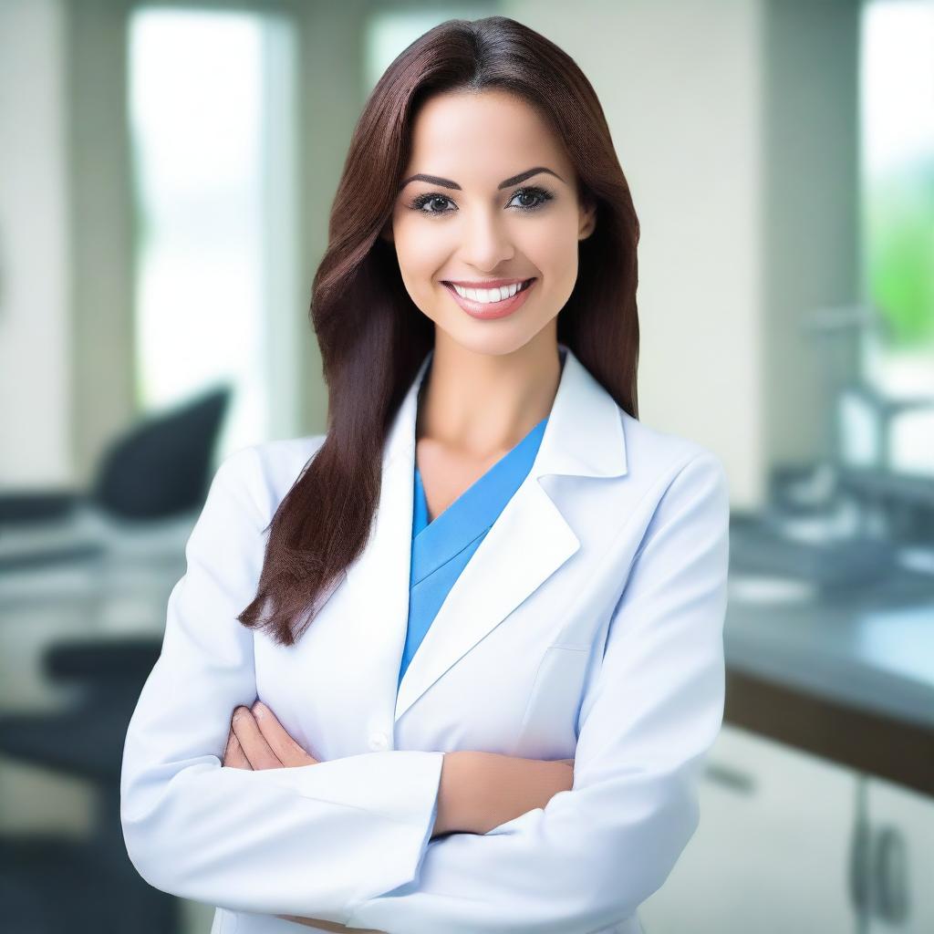 A confident and attractive woman dressed as a dentist, wearing a white lab coat and holding dental tools