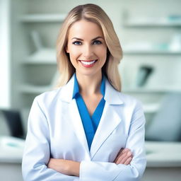 A confident and attractive woman dressed as a dentist, wearing a white lab coat and holding dental tools