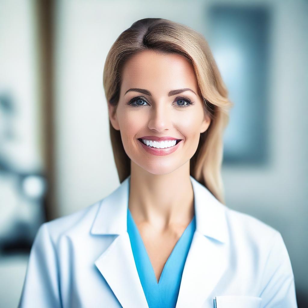 A confident and attractive woman dressed as a dentist, wearing a white lab coat and holding dental tools