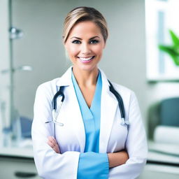 A confident and attractive woman dressed as a dentist, wearing a white lab coat and holding dental tools