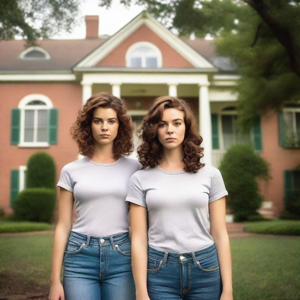 A 27-year-old tomboy with medium short chestnut curls, wearing jeans and a T-shirt, stands in front of an old southern mansion